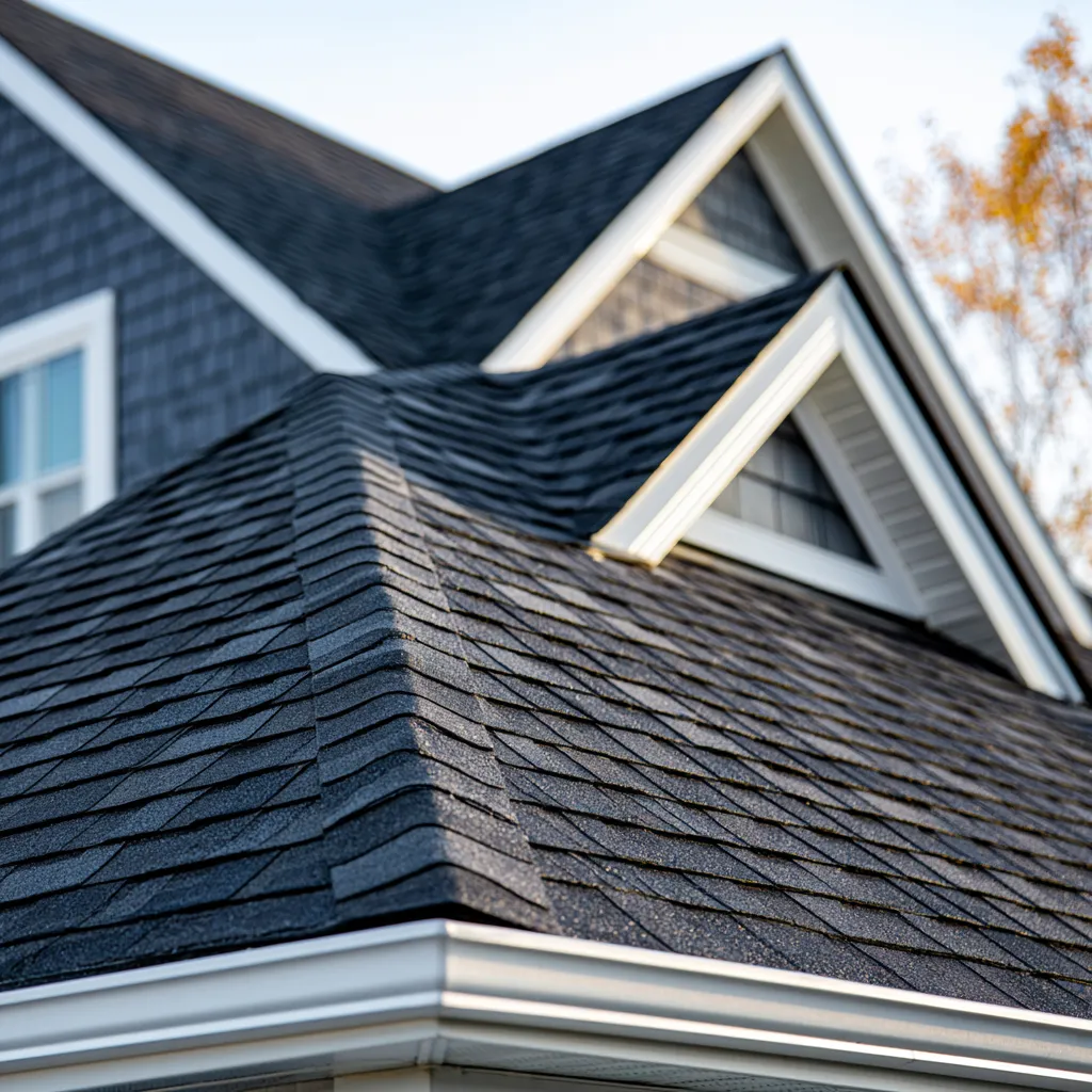 Dark shingle roof planes below white trimmed gable dormers