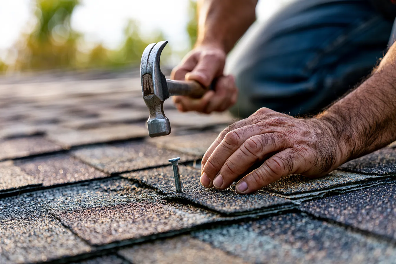 During a roof repair a roofer drives a nail into a shingle with a hammer